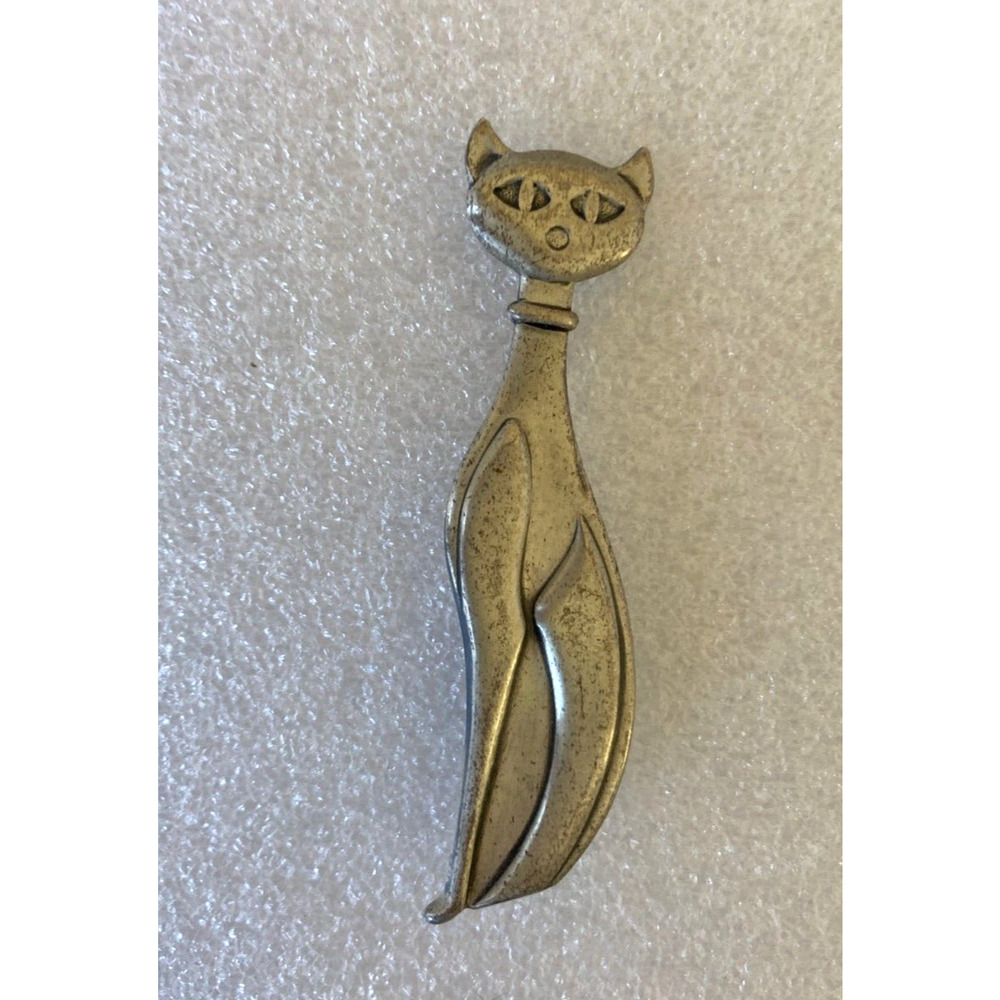 Beau Craft Sterling Silver Cat Brooch Pin Beaucraft Modernist Modern Brushed